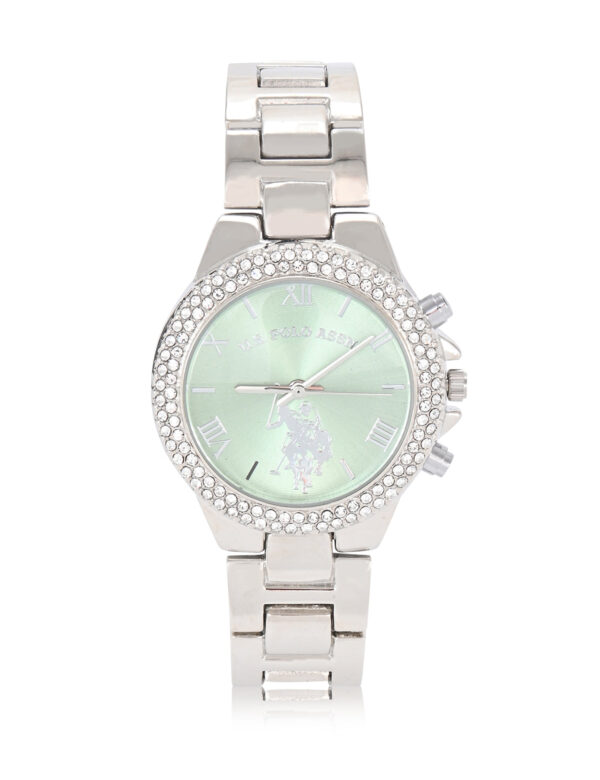 LADIES EMBELLISHED SILVER LINK WATCH WITH MINT FACE