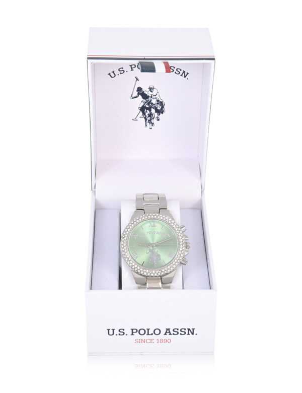LADIES EMBELLISHED SILVER LINK WATCH WITH MINT FACE